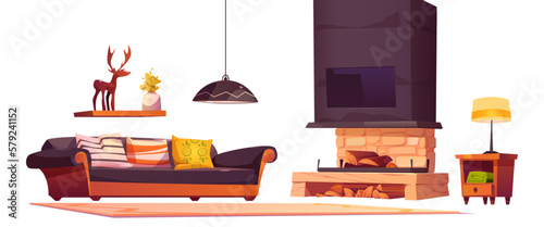 Isolated alpine chalet house furniture vector set. Cartoon cabin interior with fireplace and wood illustration on white background. Vintage comfortable living room in hotel decoration.