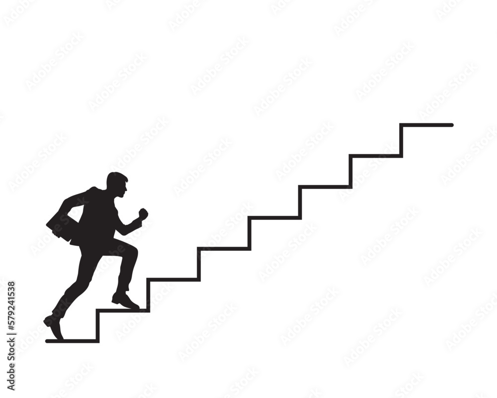 Businessman climbing stairs success vector silhouette.