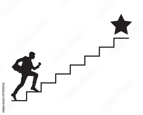 Businessman climbing stairs to reach star symbol of success silhouette vector.