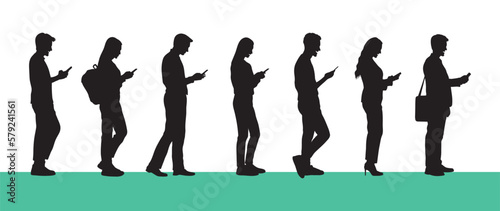 People standing in line queue texting full legth silhouette white background.
