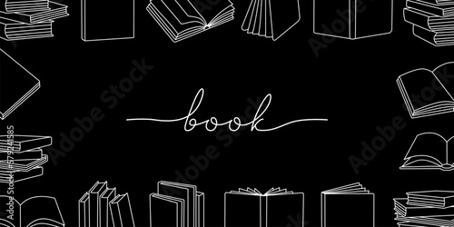 Books horizontal outline banner. Closed and open books line background. Bookstore, library, book shop illustration. Literature, dictionaries, planners