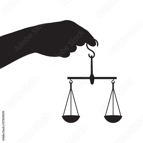 Giant hand holding justice balance silhouette vector.