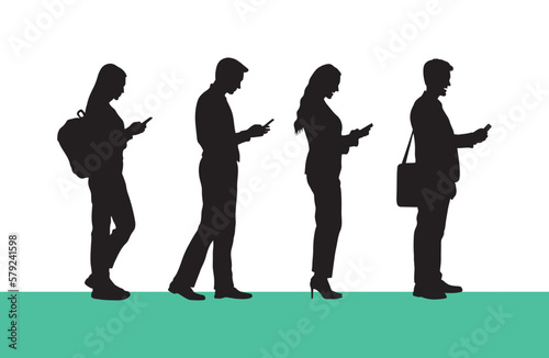People standing in line texting full legth silhouette white background.