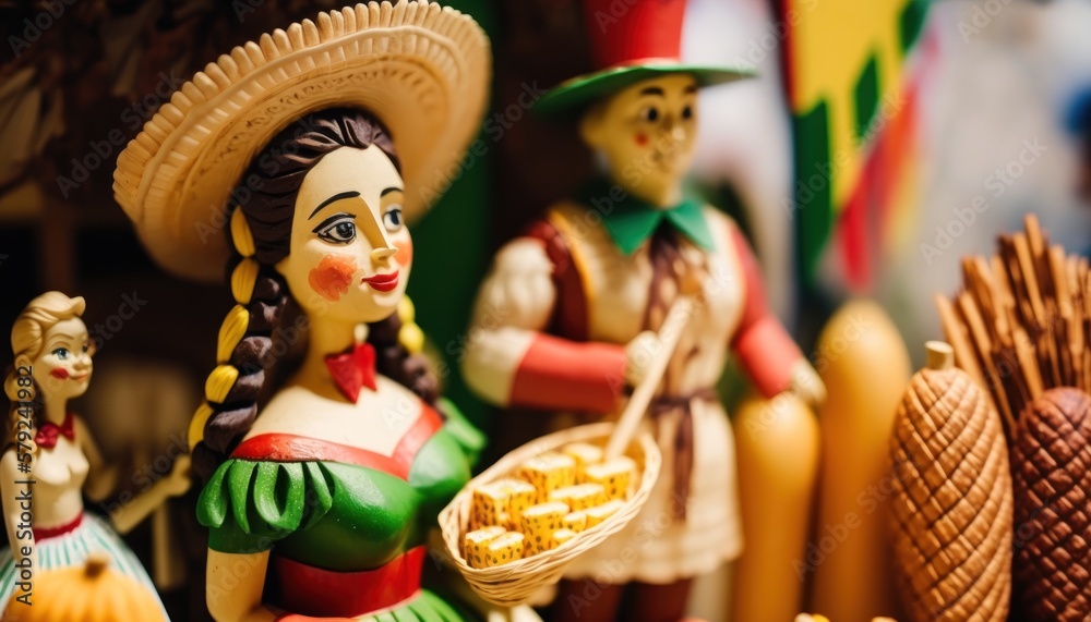 Traditional Party in Brazil. Festa de Sao Joao. Local Cultural Event. Brazilian Winter June Celebration. Typographic Vector Art. Colorful composition with handmade wooden dolls, GENERATIVE AI