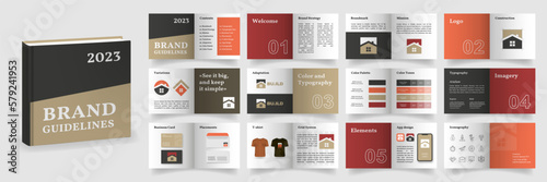 Brand Guidelines template. Brown and Red Logo Guideline template. Brand Manual presentation mockup. Logo Guide Book layout. Logotype presentation