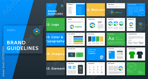 Multicolor Brand Guidelines template. Logo Guide Book. Corporate identity presentation. Logo Guideline template. Logotype presentation