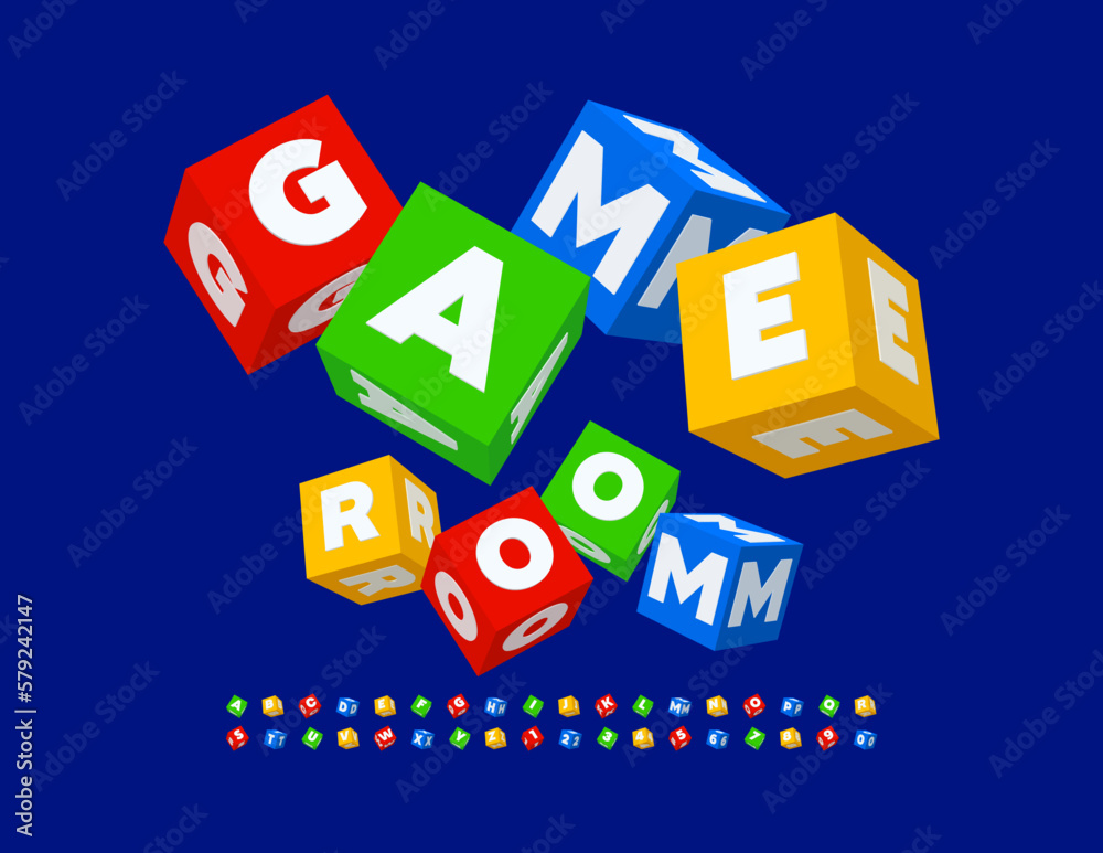 Fototapeta premium Vector Colorful Emblem Game Room Creative blocks Font. 3D cube Alphabet Letters and Numbers setSymbols