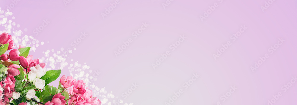 Spring blossom, branches of magenta blossoming red cherry full frame. Pink sakura or fruit tree viva flowers, copy space border banner. Spring blossom, branches of magenta blossoming red cherry full frame. Pink sakura or fruit tree viva flowers, copy space border banner.