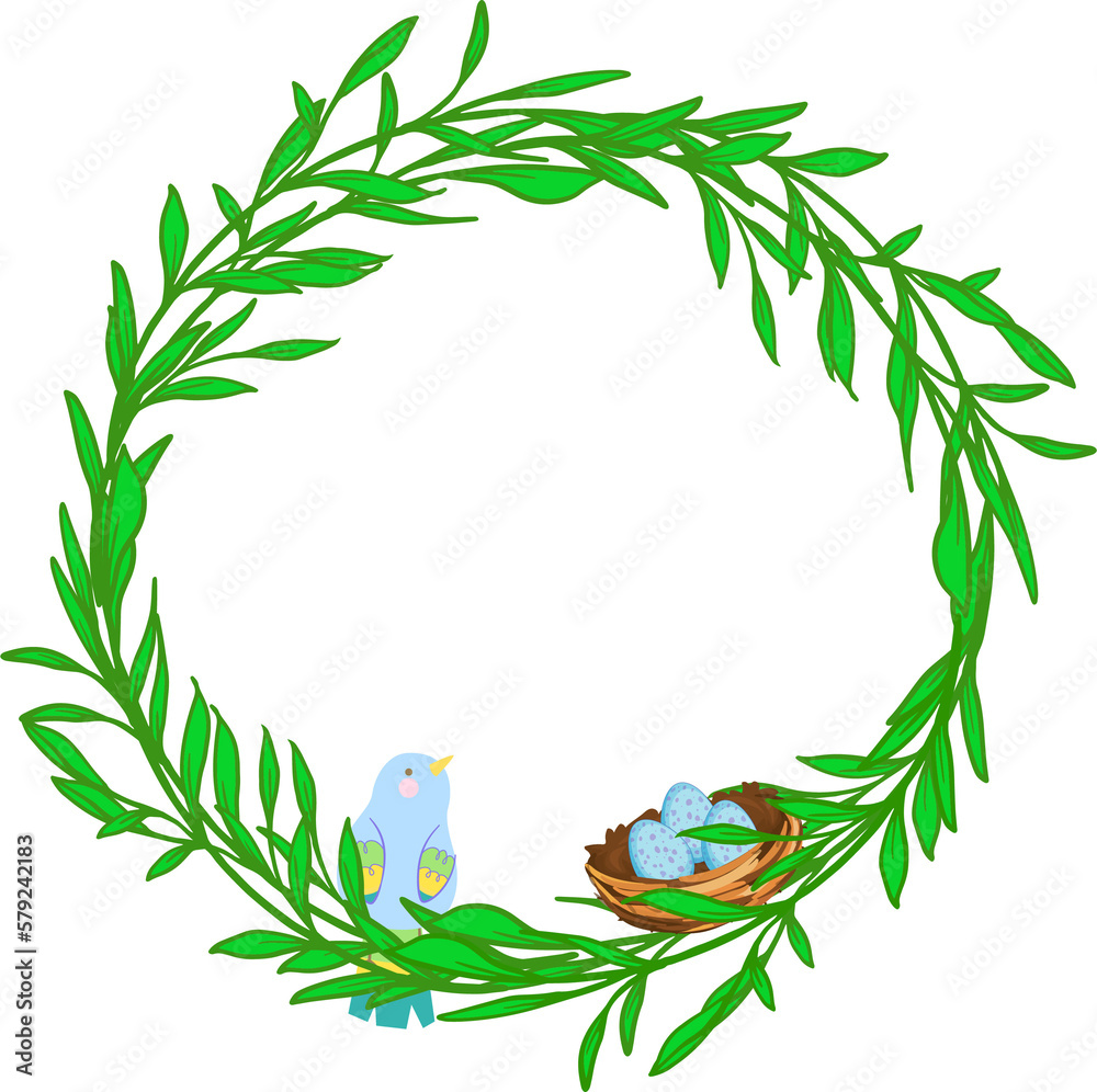 illustrated frame with a bird its nest and eggs within a circle of leaves.