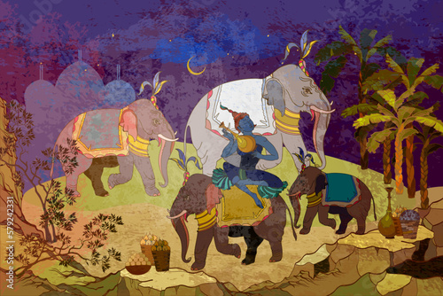 Ancient frescoes. Hinduism. Vishnu and Shiva. Gods of India. Traditional indian mural paintings style. Old Asian culture. Mythology, tradition and history. Religion