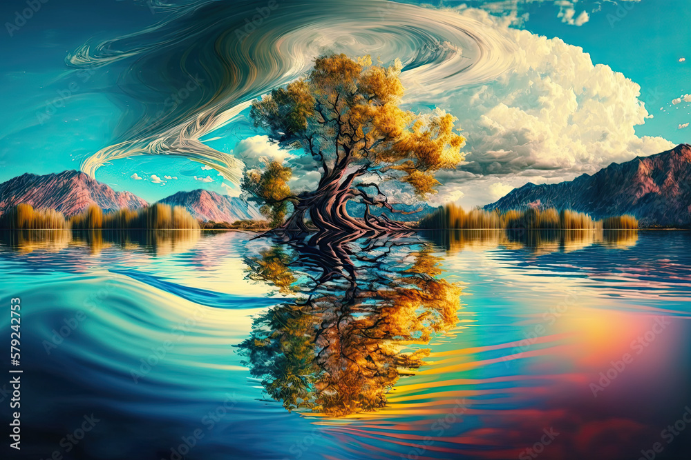 Lake, landscape in Colorful Waves: A Vibrant Stock Illustration. Generative AI
