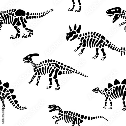 Dinosaur bones seamless pattern. Dinosaur fossils skeletons background. Paleontology and archeology.