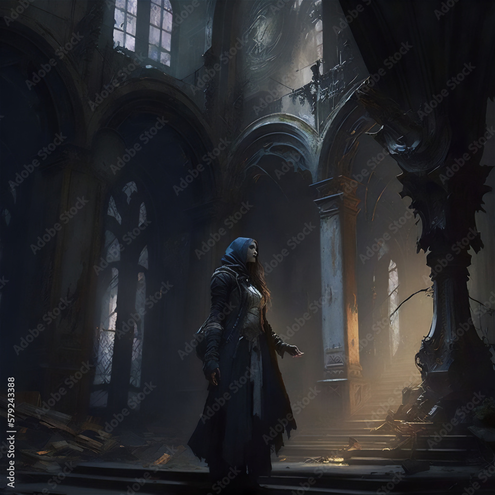 Fantasy character in a cathedral in the dark