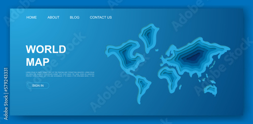World 3d paper cut website template. Earth silhouette paper cut out illustration. Earth map symbol for landing page, advertising page.