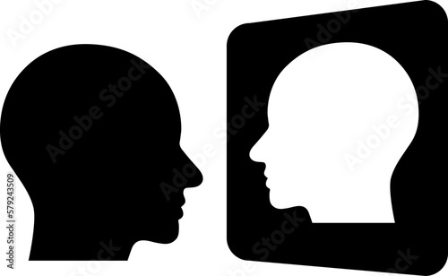 Human head icon with a reflection in the mirror as concept of self awareness