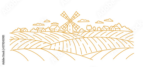 Landscape fields with a windmill. Village arable land. Vector line. Editable outline stroke.