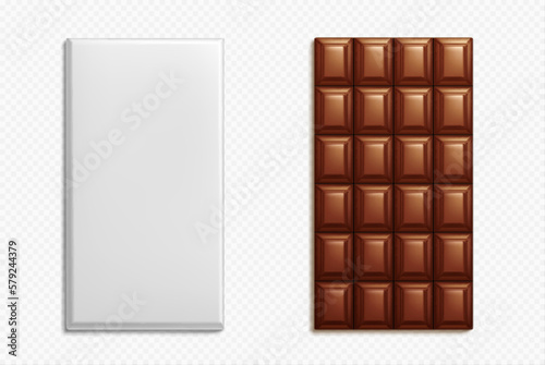 Isolated white wrapped chocolate bar on transparent background. Realistic vector foil package mockup template. Blank 3d wrap for sweet snack for retail product. Dessert Packaging advertising.