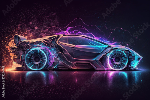 Abstract artificial intelligence (AI) and futuristic cyberspace car technology concept in HUD style. Racing car infographic UI made with Generative AI