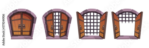 Medieval castle gates. Old wooden doors with stone brick arch and iron portcullis. Open and closed ancient wood gates with metal lattice isolated on white background, vector cartoon set
