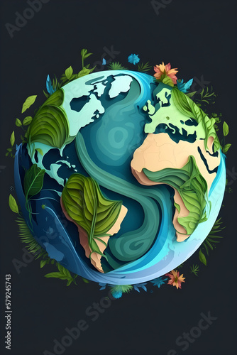 Earth day concept. Illustration of the green planet earth on a Deep Blue background. - AI Generative