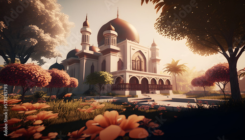 Magnificent mosque with a beautiful paradise garden Create With Generative AI Technology photo