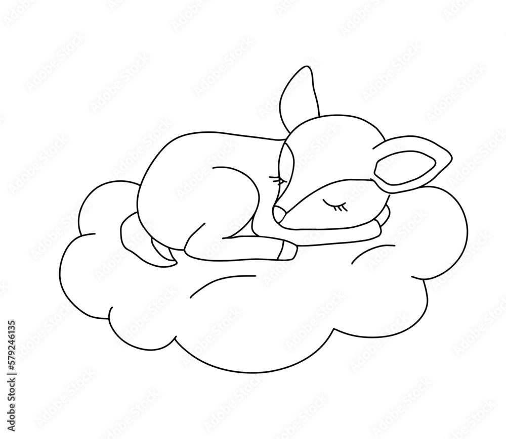Cute dreaming deer on cloud. Cartoon hand drawn vector outline illustration for coloring book. Line baby animal