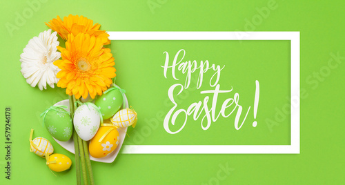 Photography Easter greeting card with flowers and easter eggs