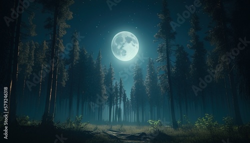 Photo moonlit forest with tall trees digital art illustration, Generative AI