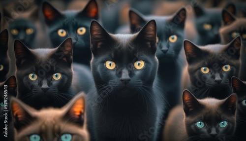 A bunch of black cats looking to camera, a lot of cats hearing you, good bad lycky, GENERATIVE AI © nishihata