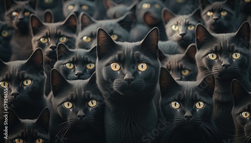 A bunch of black cats looking to camera, a lot of cats hearing you, good bad lycky, GENERATIVE AI