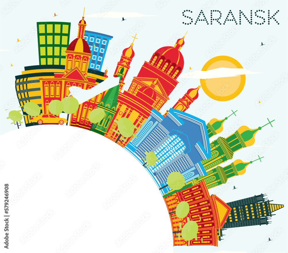 Saransk Russia City Skyline with Color Buildings, Blue Sky and Copy Space. Vector Illustration. Saransk Cityscape with Landmarks.