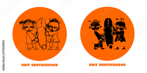 Illustration of brotherhood symbol of two men and women holding pins to each other