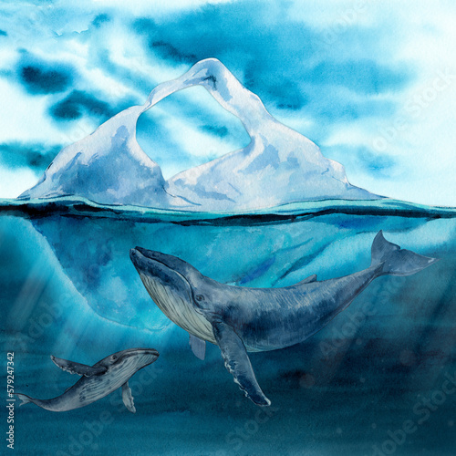 Humpback whale on the background of drifting ice in the ocean. Iceberg underwater view. Watercolor illustration. Arctic landscape.