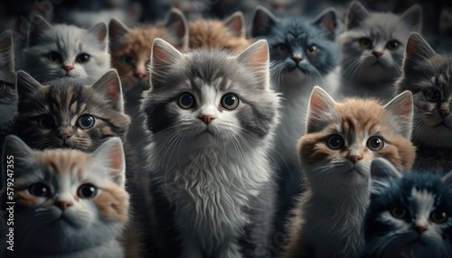 A collection of cats in various sizes and breeds facing the viewer, lot of cats in the scene, street cats, GENERATIVE AI