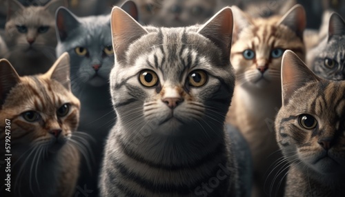 A collection of cats in various sizes and breeds facing the viewer, lot of cats in the scene, street cats, GENERATIVE AI