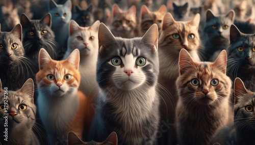 A collection of cats in various sizes and breeds facing the viewer, lot of cats in the scene, street cats, GENERATIVE AI © nishihata
