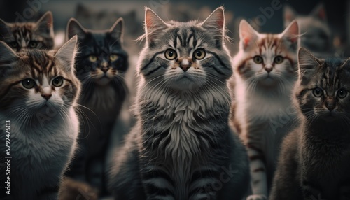 A pack of cats of varying breeds and sizes face the viewer, thousand cats, a lot cats looking to camera, GENERATIVE AI © nishihata