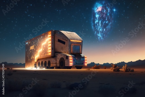 3D rendering of a Futuristic truck in the desert at night with stars. Generative AI