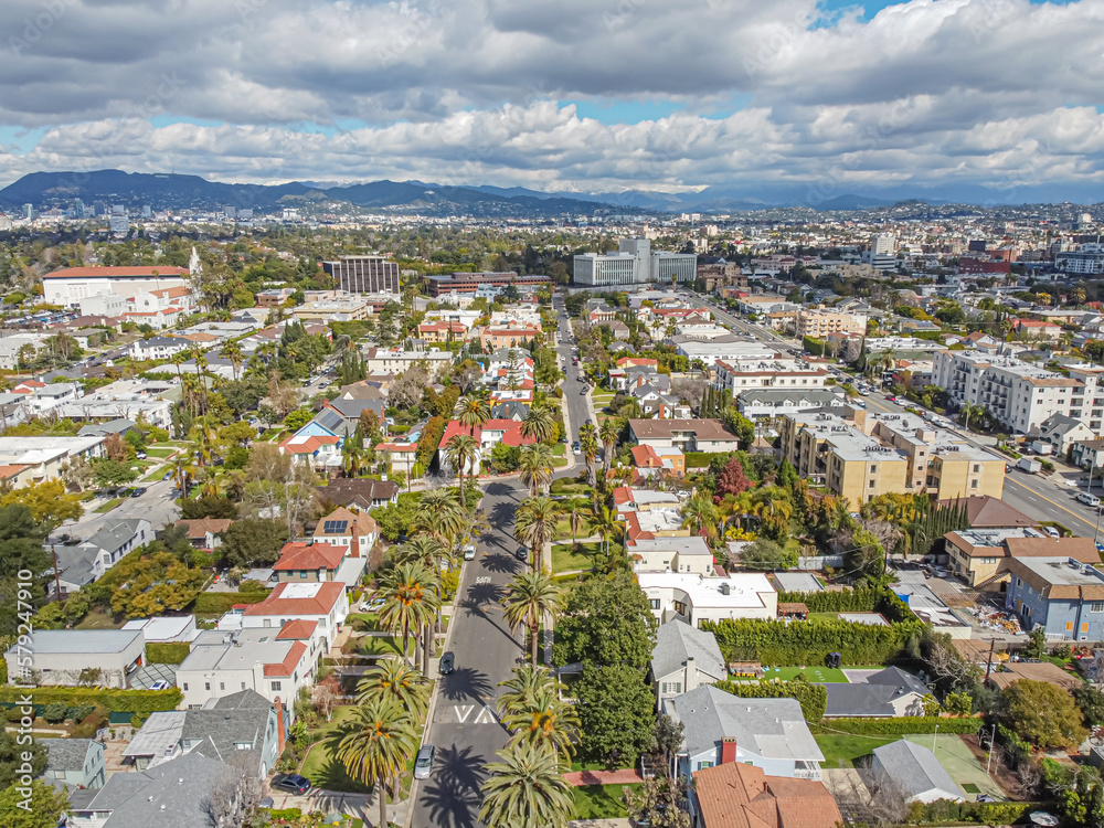 Los Angeles, California – February 26, 2023: aerial city view drone photo toward Wilshire Park above Olympic Blvd, 8th St, Wilshire Blvd, Koreatown LA