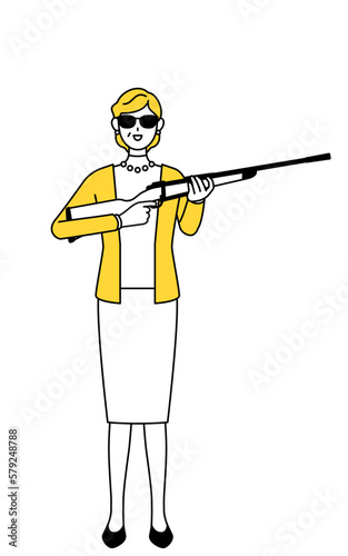 サングラスをかけてライフル銃を持つ定年退職したシニア・中年女性