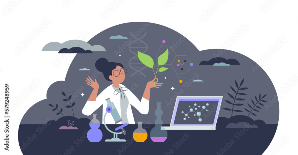 Biotech research with biology and technology science tiny person concept, transparent background. Chemistry usage for crop cultivation, genetic experiments or bio based pharmacy illustration.