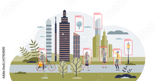AI recognition algorithm and smart object identification tiny person concept, transparent background. Artificial intelligence with deep learning from environment illustration.