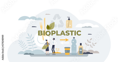 Bioplastics material usage for recyclable eco packaging tiny person concept, transparent background. Green and ecological bio plastics material with biodegradable bottles illustration. photo