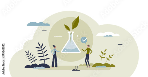 Biotech science as biological technology research work tiny person concept, transparent background. Experiment with plant molecular analysis and modification for medical herb purpose illustration.