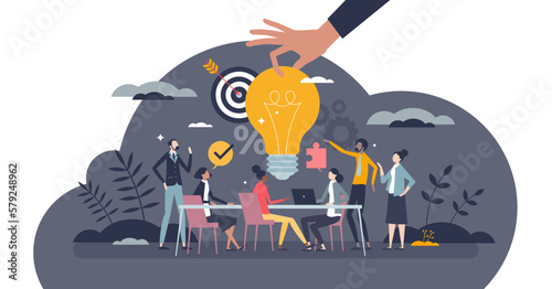 Brainstorming office team and new idea generating process tiny person concept, transparent background. Creative and innovative marketing discussion and conversation illustration.