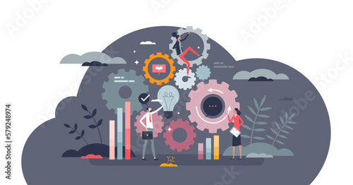 Business operation workflow and process management tiny person concept, transparent background. Company organization, control and monitoring with effective work flow illustration.
