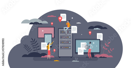 CDN content delivery network for information distribution tiny person concept, transparent background.Global server connection for effective website performance illustration.