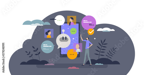 Chat GPT and artificial intelligence talking service tiny person concept, transparent background.AI technology with speech assistant and digital conversation illustration.