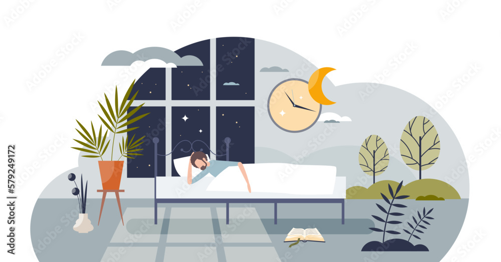 Getting enough sleep with healthy daily bedtime routine tiny person concept, transparent background. Health and mental care with normal lifestyle. - obrazy, fototapety, plakaty 