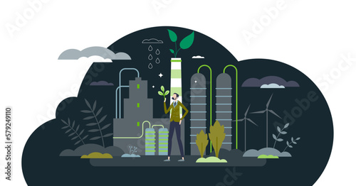 Environment friendly power plant for clean green energy tiny person concept, transparent background.Ecological solution for electricity supply from renewable resources illustration.